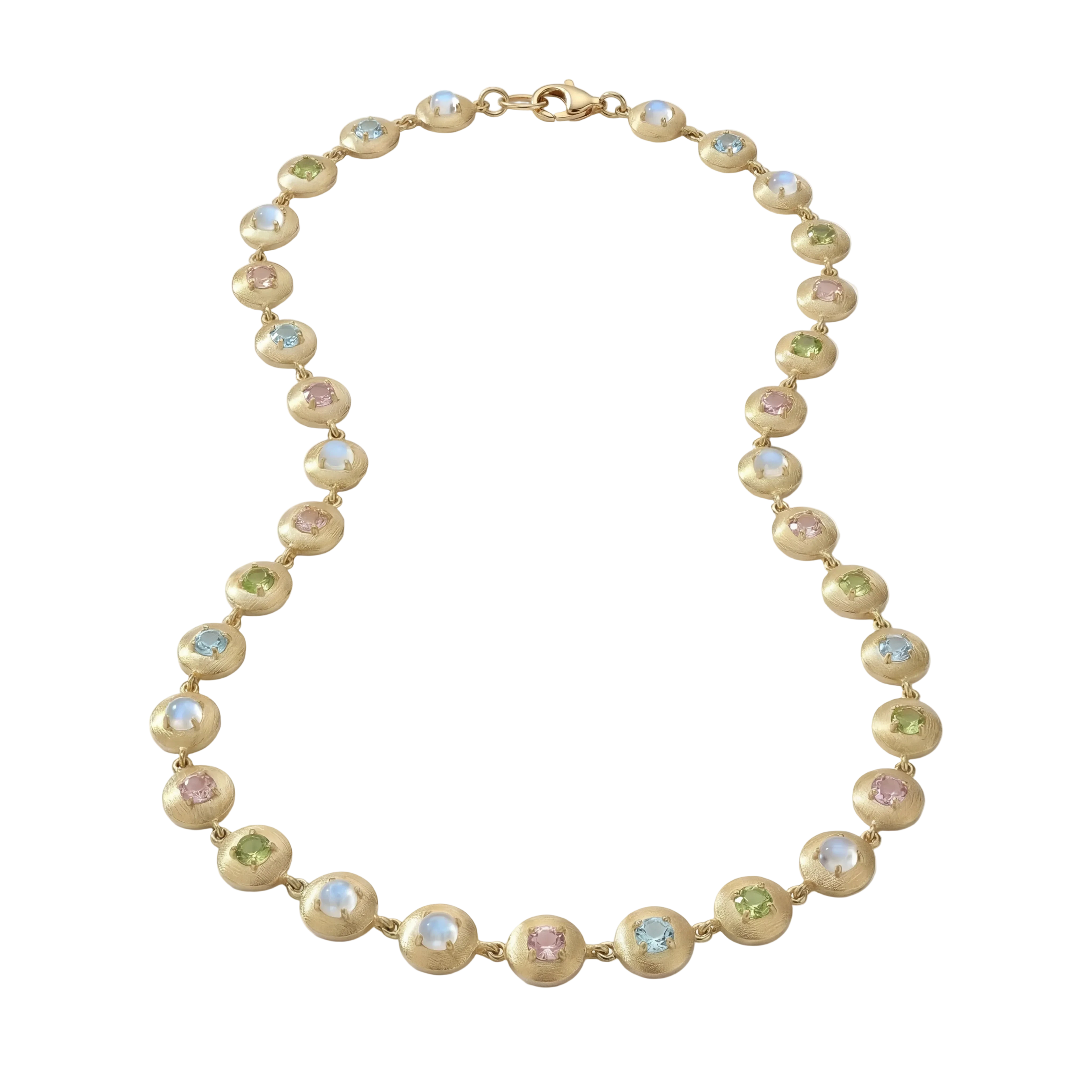 Necklace with peridot, moonstone, morganite, and aquamarine gemstones on a white background by Corvo jewelry