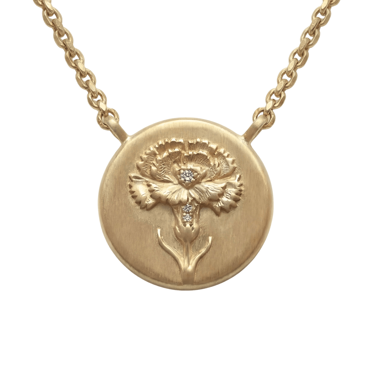 January Birth Flower Carnation Diamond Coin Necklace - 14k Gold 