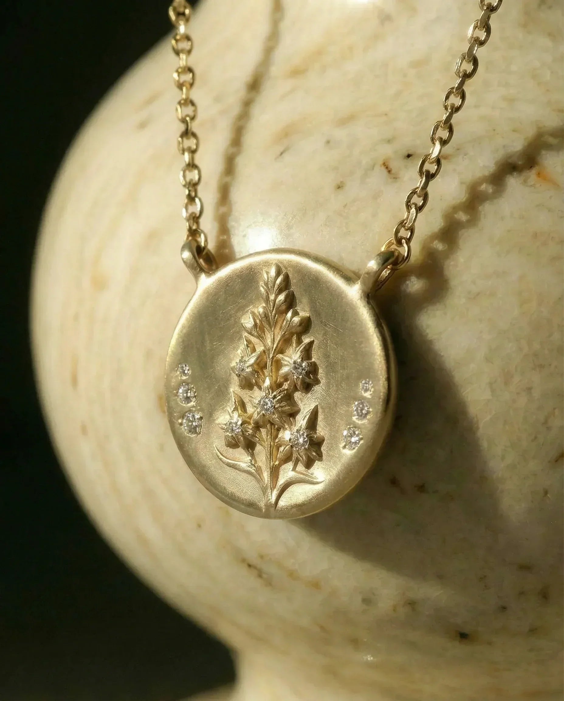 Corvo Jewelry 14k gold birth flower coin necklace with diamond accents, handmade in California