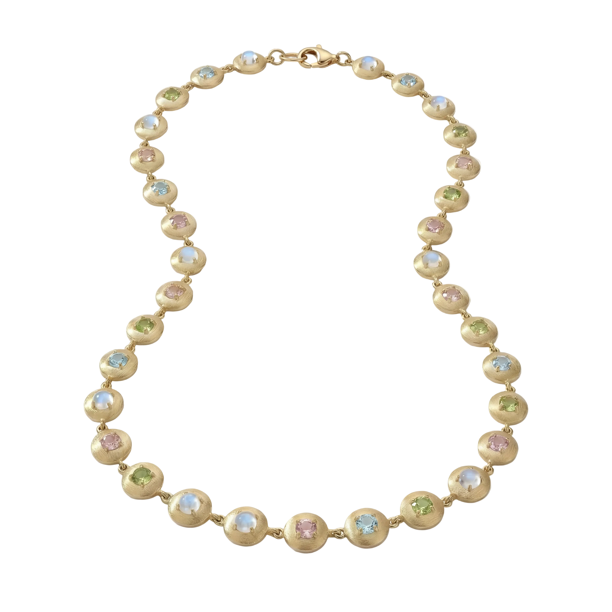 Necklace with peridot, moonstone, morganite, and aquamarine gemstones on a white background by Corvo jewelry