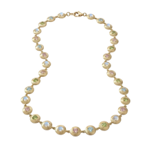 Necklace with peridot, moonstone, morganite, and aquamarine gemstones on a white background by Corvo jewelry