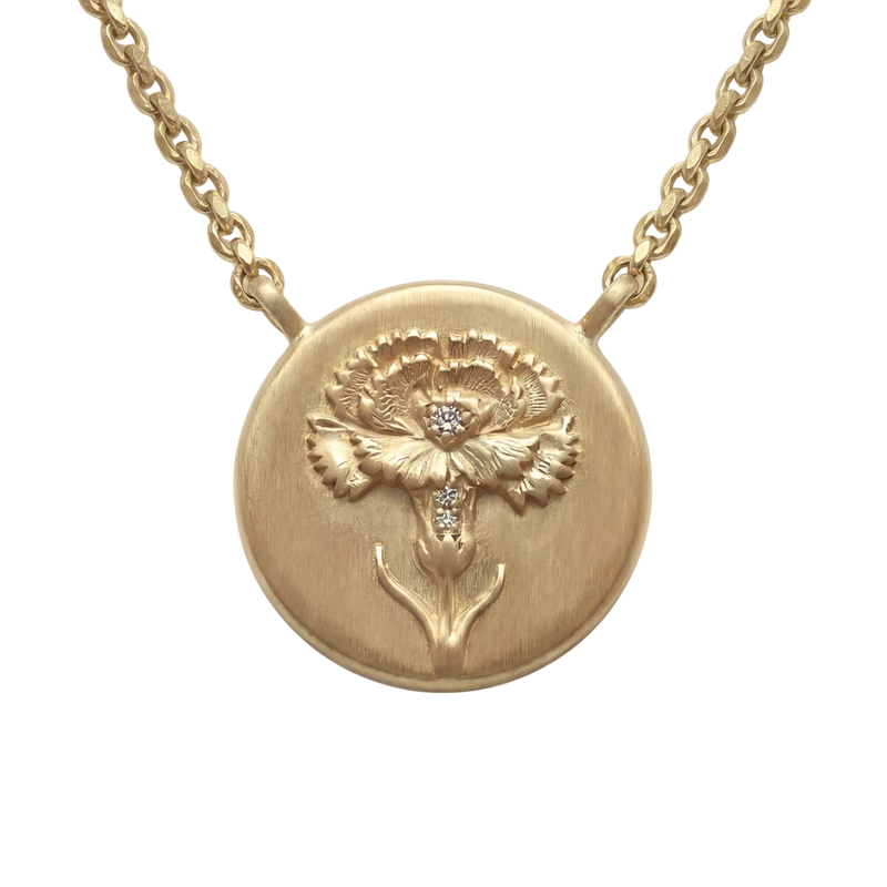 January Birth Flower Carnation Diamond Coin Necklace