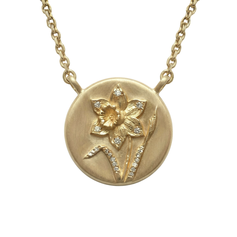 March Birth Flower Daffodil Diamond Coin Necklace