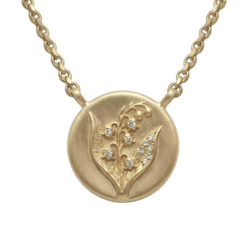 May Birth Flower Lily of the Valley Diamond Coin Necklace