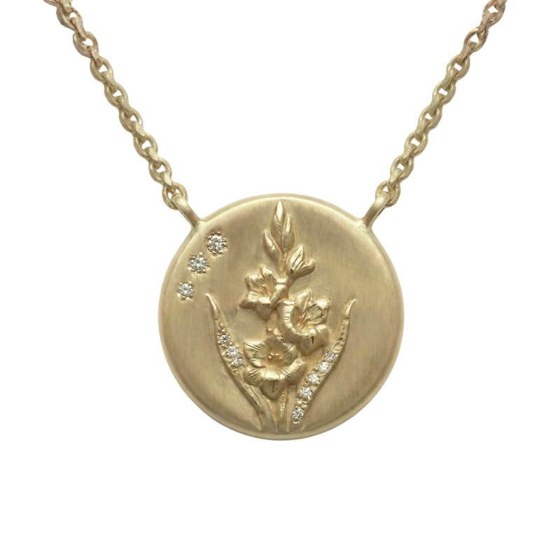 August Birth Flower Gladiolus Diamond Coin Necklace