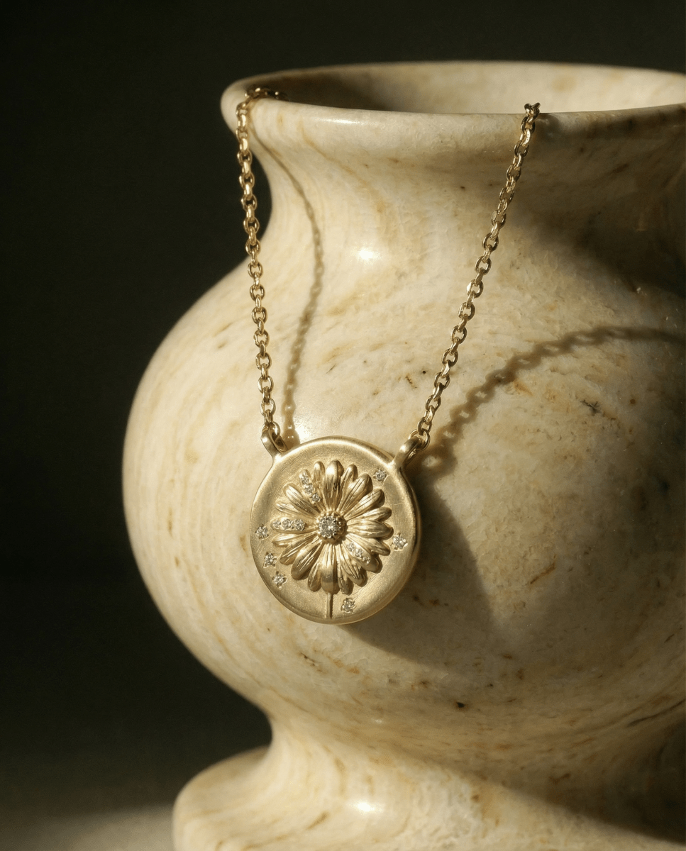 14k gold - April Birth Flower Daisy Diamond Coin Necklace - Corvo Jewelry by Lily Raven