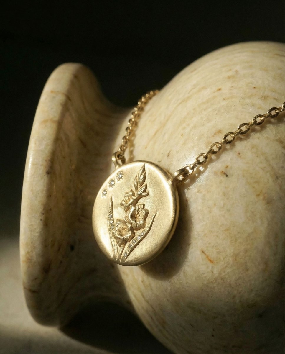 14k gold - August Birth Flower Gladiolus Diamond Coin Necklace - Corvo Jewelry by Lily Raven