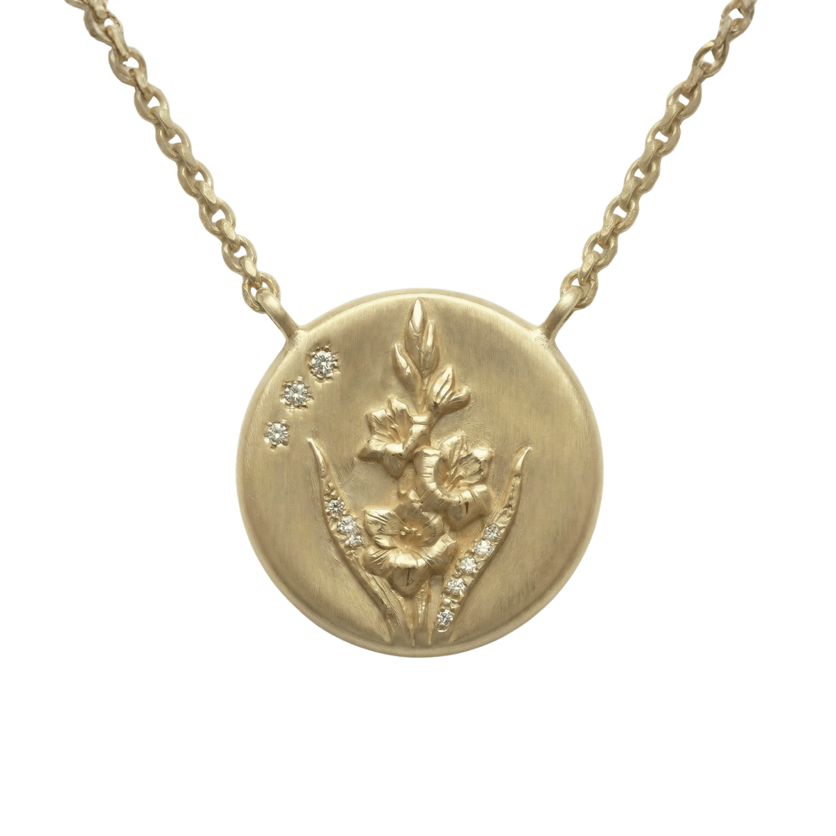 14k gold - August Birth Flower Gladiolus Diamond Coin Necklace - Corvo Jewelry by Lily Raven
