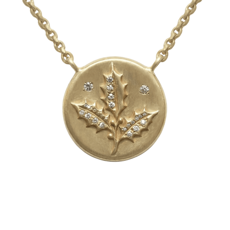 14k gold - December Birth Flower Holly Diamond Coin Necklace - Corvo Jewelry by Lily Raven