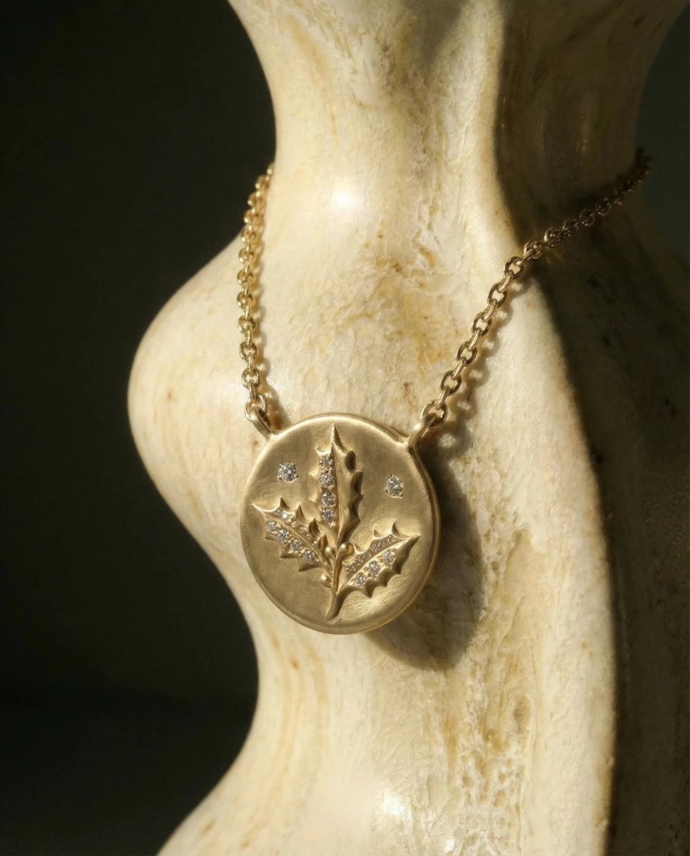 14k gold - December Birth Flower Holly Diamond Coin Necklace - Corvo Jewelry by Lily Raven