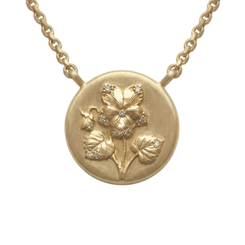 14k gold - February Birth Flower Violet Diamond Coin Necklace - Corvo Jewelry by Lily Raven