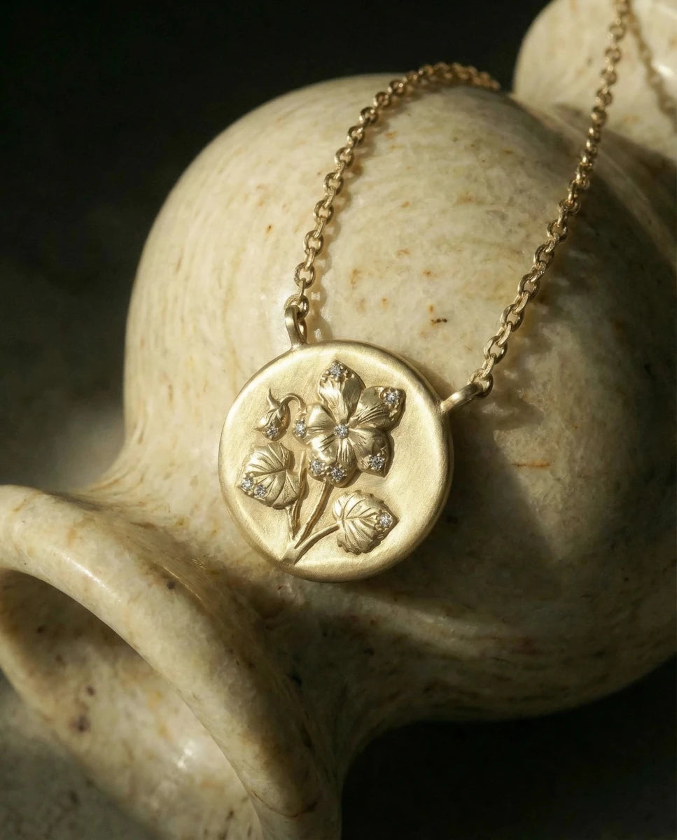 14k gold - February Birth Flower Violet Diamond Coin Necklace - Corvo Jewelry by Lily Raven