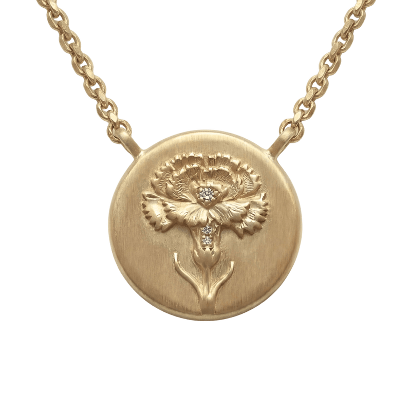 14k gold - January Birth Flower Carnation Diamond Coin Necklace - Corvo Jewelry by Lily Raven