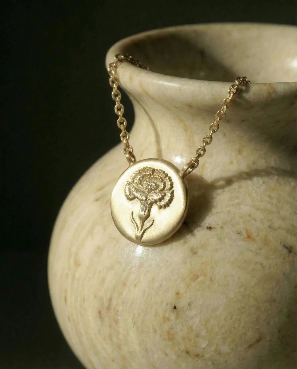 14k gold - January Birth Flower Carnation Diamond Coin Necklace - Corvo Jewelry by Lily Raven