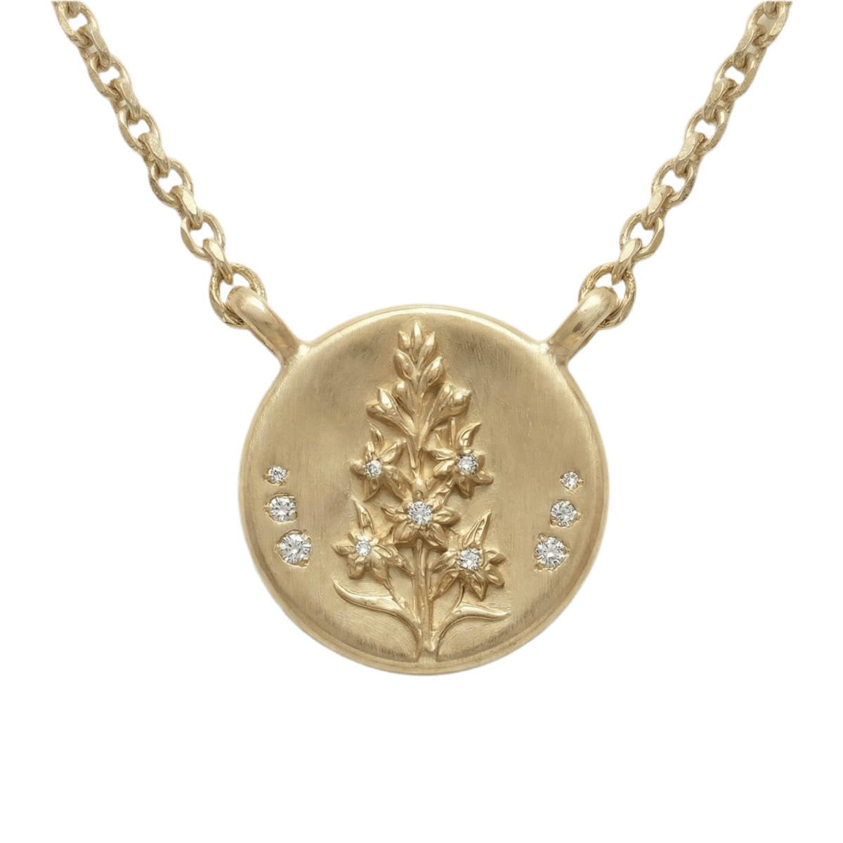 14k gold - July Birth Flower Larkspur Diamond Coin Necklace - Corvo Jewelry by Lily Raven