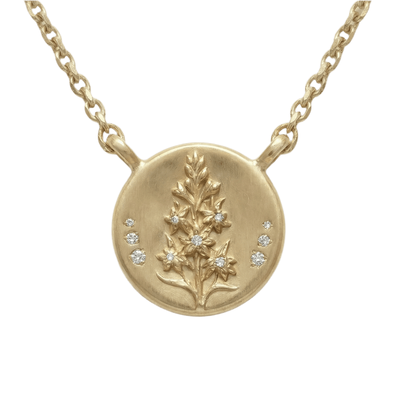 14k gold - July Birth Flower Larkspur Diamond Coin Necklace - Corvo Jewelry by Lily Raven