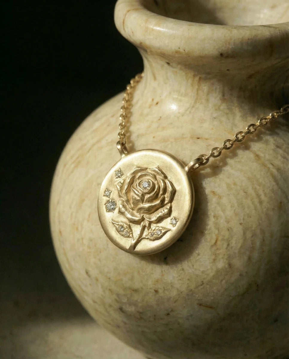 14k gold - June Birth Flower Rose Diamond Coin Necklace - Corvo Jewelry by Lily Raven