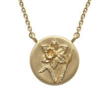 14k gold - March Birth Flower Daffodil Diamond Coin Necklace - Corvo Jewelry by Lily Raven