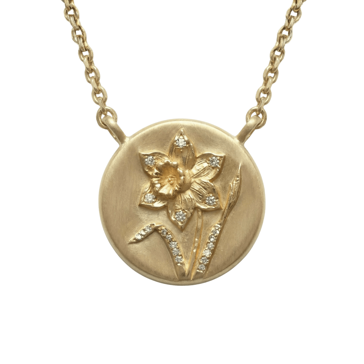 14k gold - March Birth Flower Daffodil Diamond Coin Necklace - Corvo Jewelry by Lily Raven