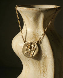 14k gold - March Birth Flower Daffodil Diamond Coin Necklace - Corvo Jewelry by Lily Raven