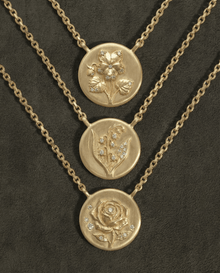 14k gold - May Birth Flower Lily of the Valley Diamond Coin Necklace - Corvo Jewelry by Lily Raven