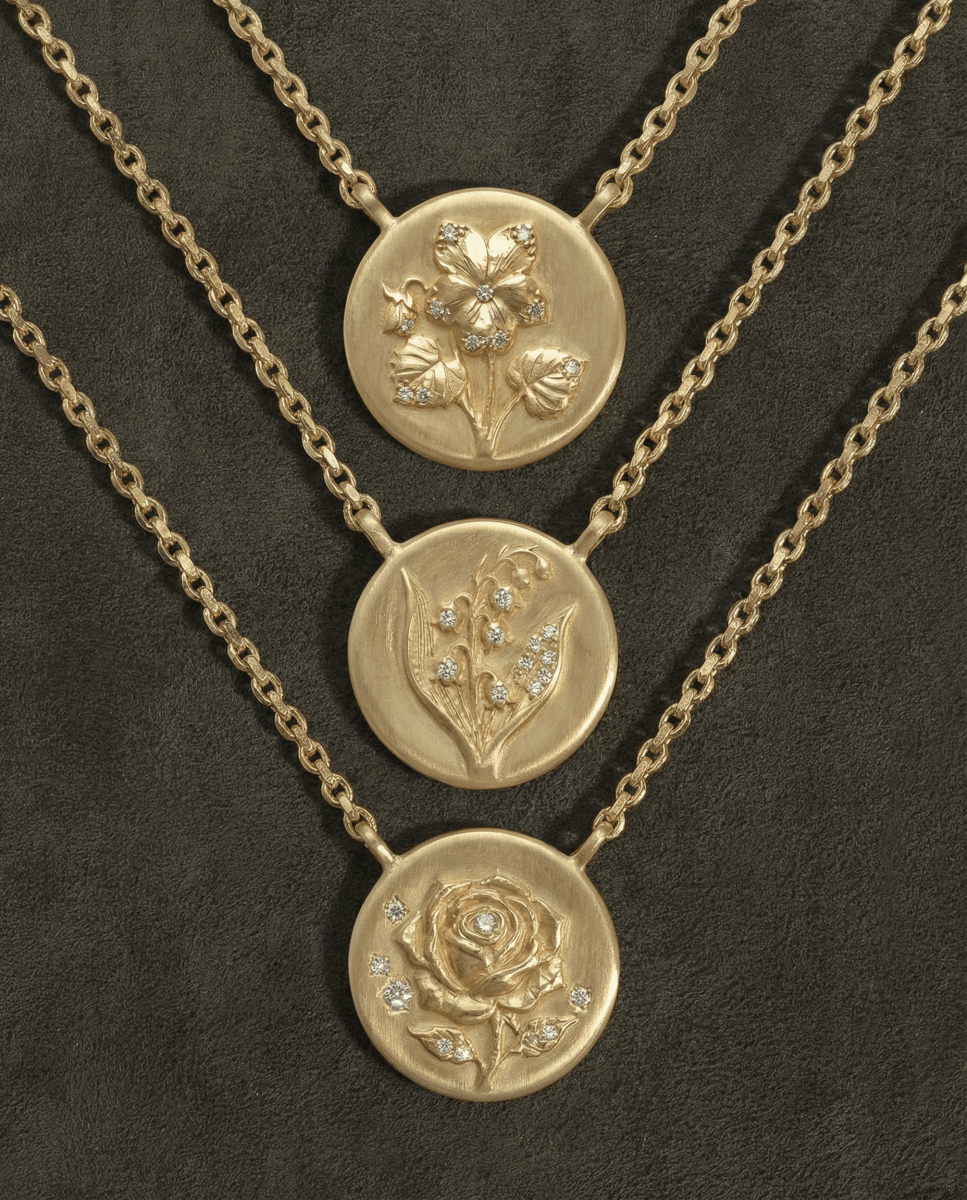 14k gold - May Birth Flower Lily of the Valley Diamond Coin Necklace - Corvo Jewelry by Lily Raven
