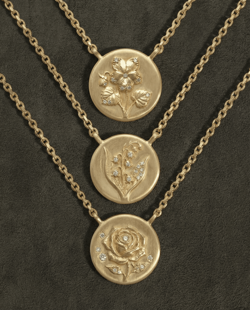 14k gold - May Birth Flower Lily of the Valley Diamond Coin Necklace - Corvo Jewelry by Lily Raven
