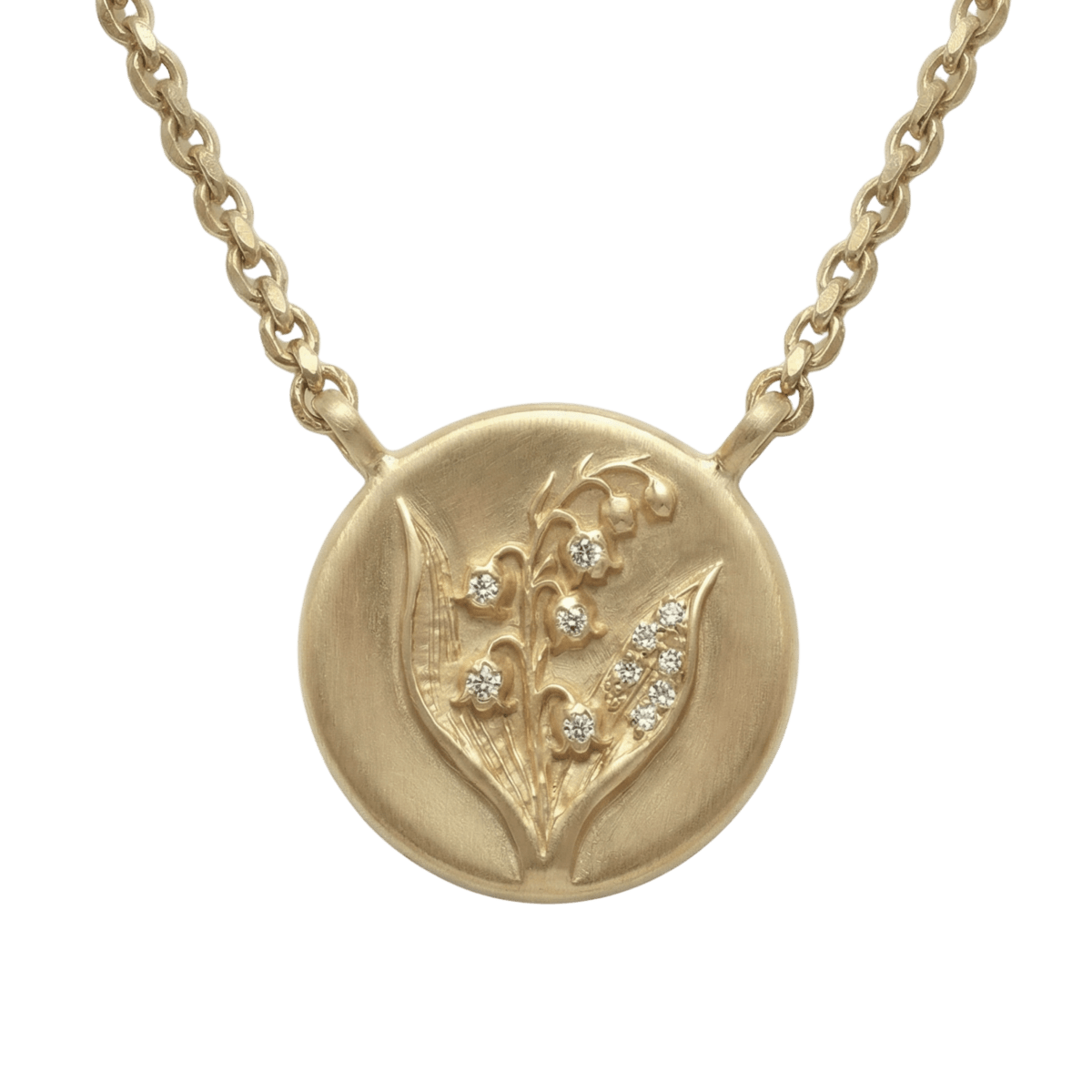 14k gold - May Birth Flower Lily of the Valley Diamond Coin Necklace - Corvo Jewelry by Lily Raven