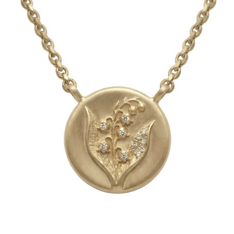14k gold - May Birth Flower Lily of the Valley Diamond Coin Necklace - Corvo Jewelry by Lily Raven