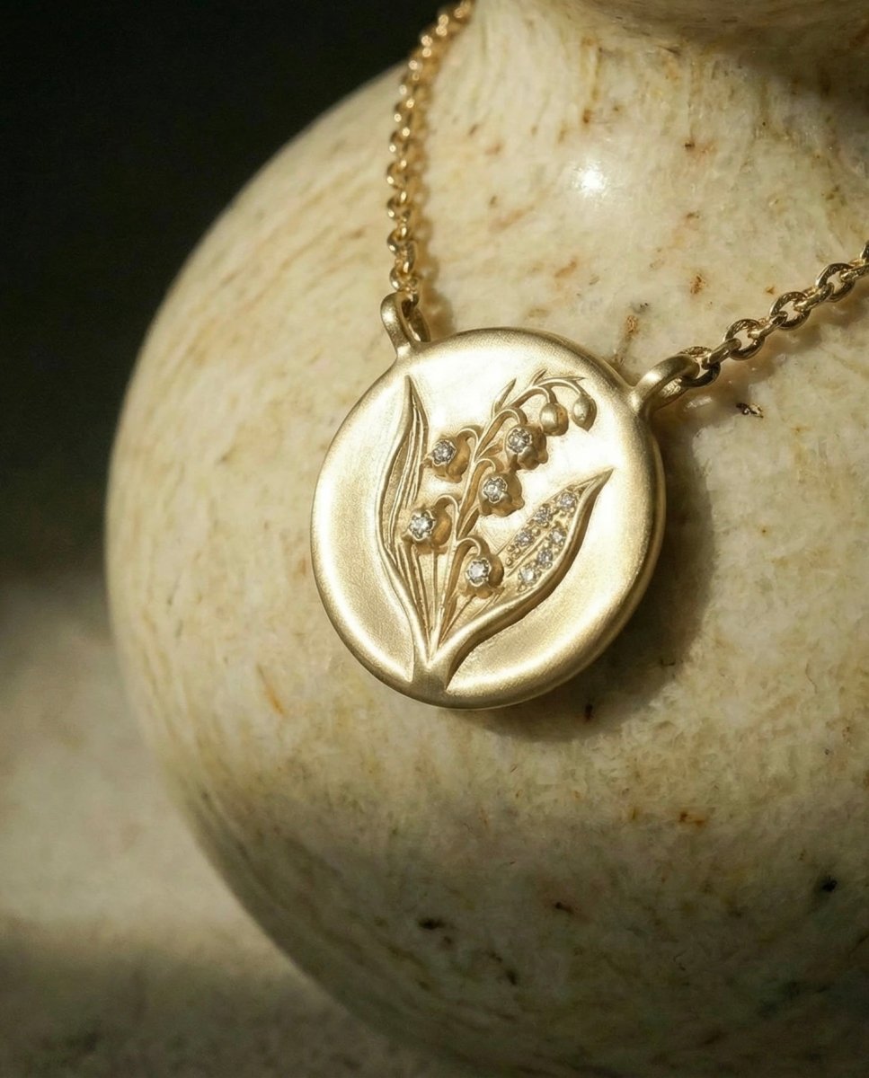 14k gold - May Birth Flower Lily of the Valley Diamond Coin Necklace - Corvo Jewelry by Lily Raven