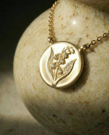 14k gold - May Birth Flower Lily of the Valley Diamond Coin Necklace - Corvo Jewelry by Lily Raven