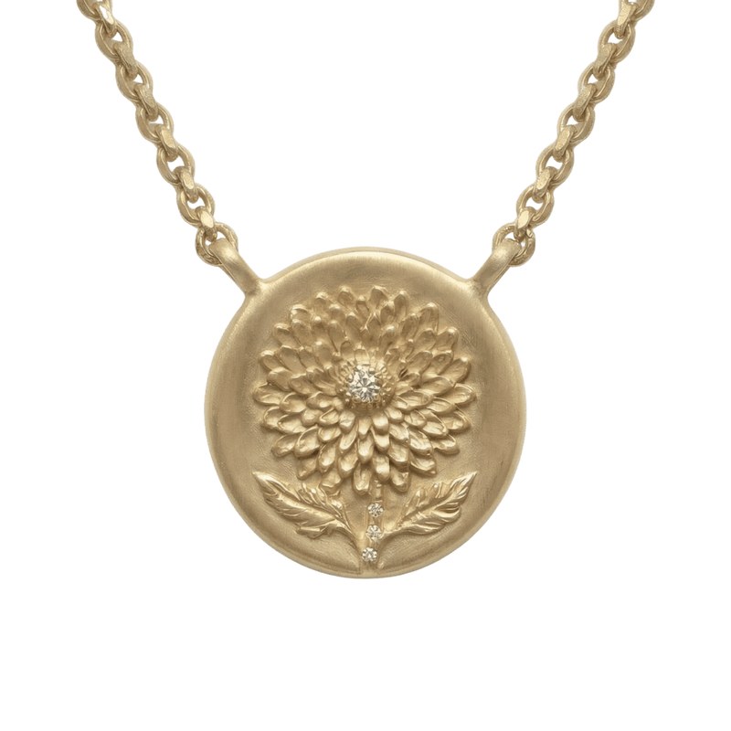 14k gold - November Birth Flower Chrysanthemum Diamond Coin Necklace - Corvo Jewelry by Lily Raven