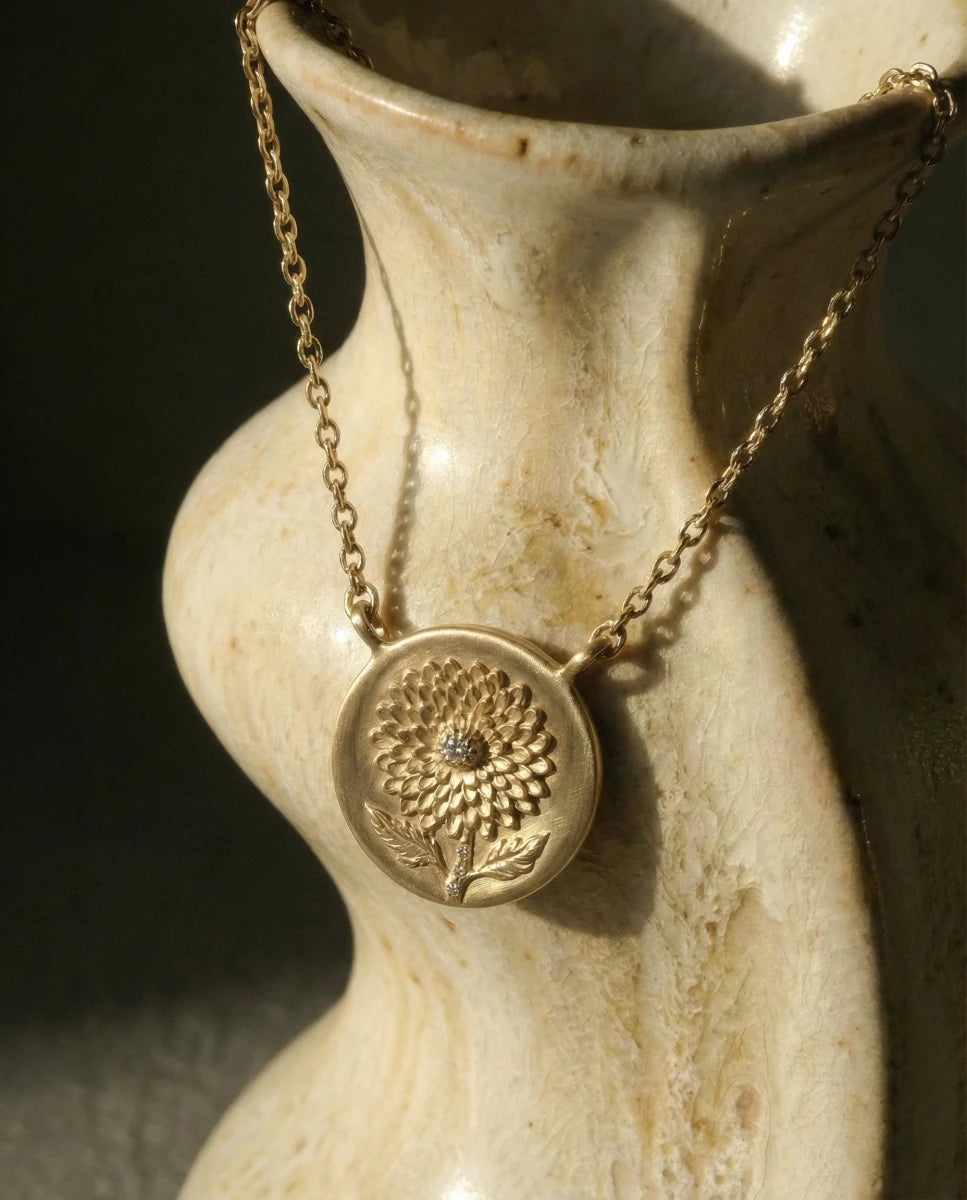 14k gold - November Birth Flower Chrysanthemum Diamond Coin Necklace - Corvo Jewelry by Lily Raven