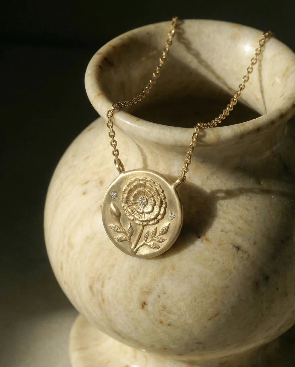 14k gold - October Birth Flower Marigold Diamond Coin Necklace - Corvo Jewelry by Lily Raven