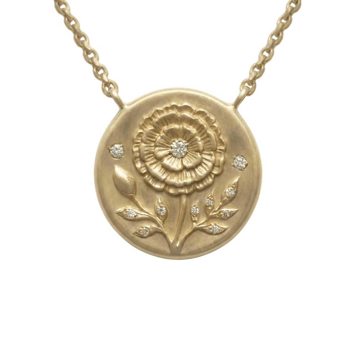 14k gold - October Birth Flower Marigold Diamond Coin Necklace - Corvo Jewelry by Lily Raven