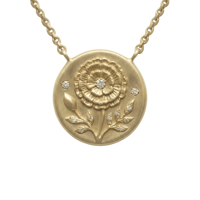 14k gold - October Birth Flower Marigold Diamond Coin Necklace - Corvo Jewelry by Lily Raven