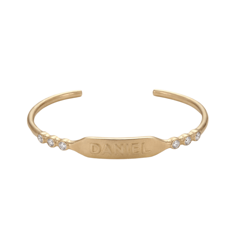 14k gold Bracelet - Raised Nameplate Cuff Bracelet with Diamonds - Corvo Jewelry by Lily Raven