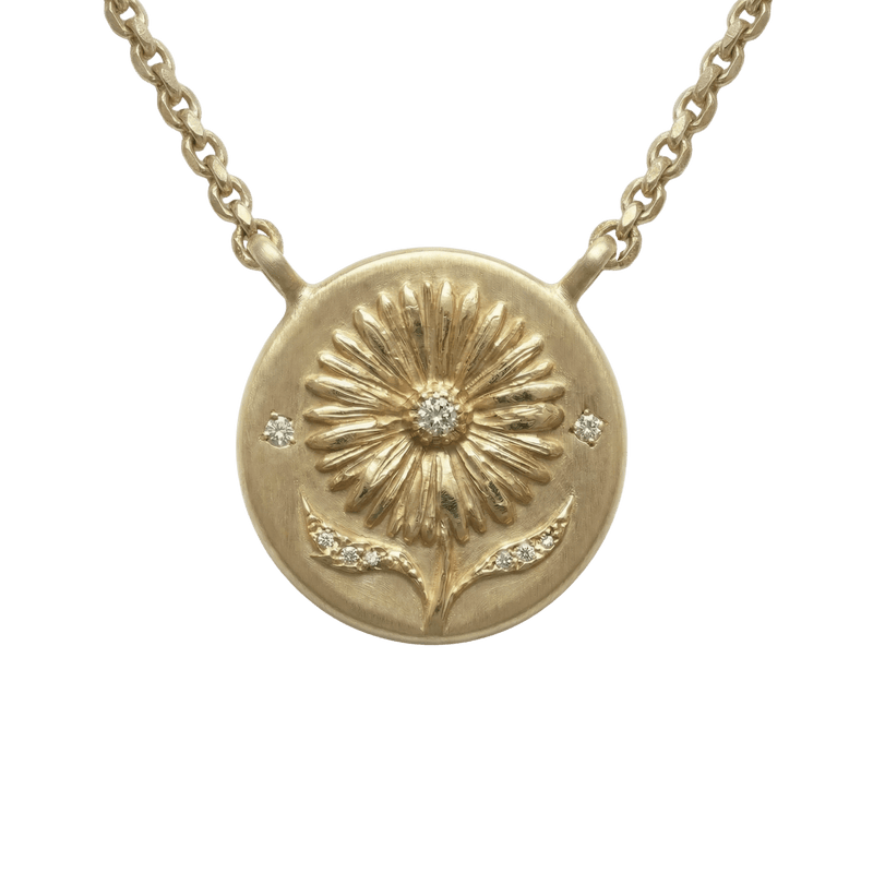 14k gold - September Birth Flower Aster Diamond Coin Necklace - Corvo Jewelry by Lily Raven