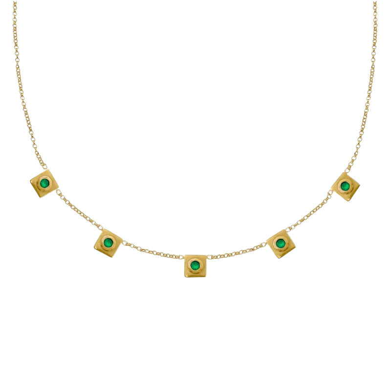 Squared Circle Emerald Station Necklace - Corvo Jewelry By Lily Raven - 14k Gold Jewelry