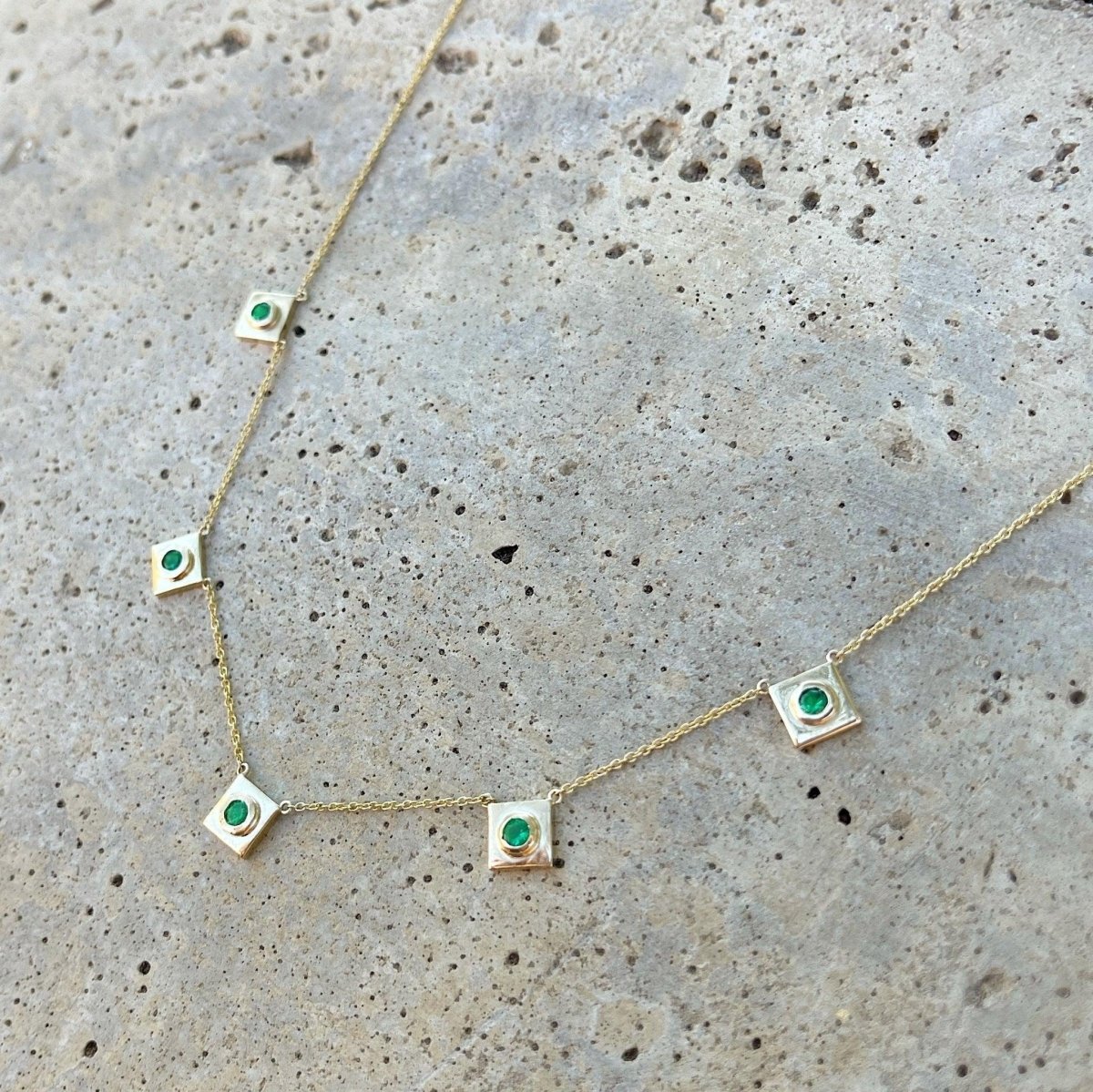 14k gold Necklace - Squared Circle Emerald Station Necklace - Corvo Jewelry by Lily Raven
